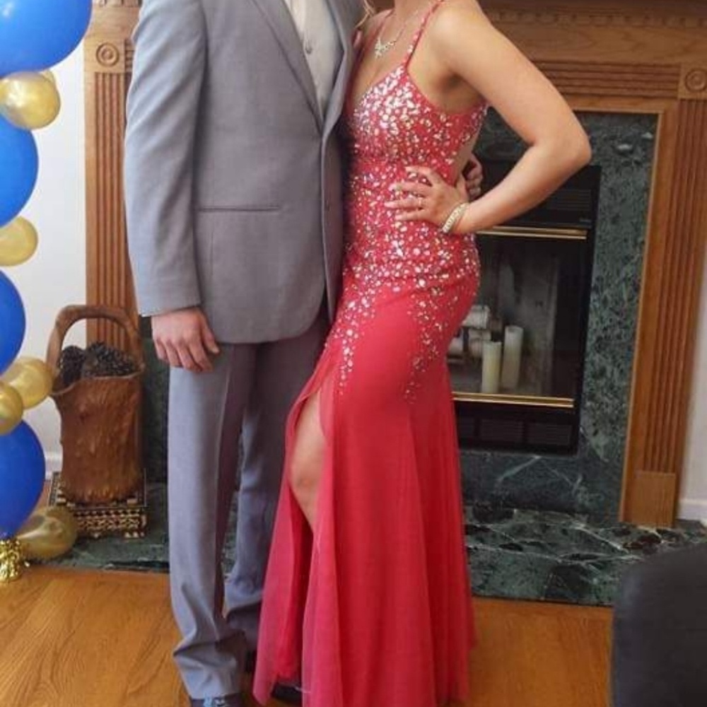 Size 3 Coral Bling studded prom dress with slit